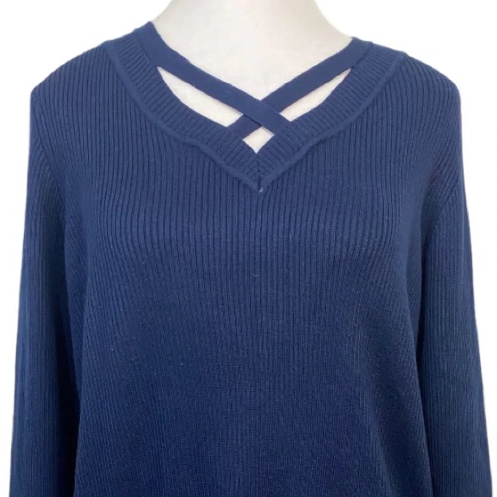 Kim Rogers Ribbed Sweater Criss Cross V-Neck Women’s XL Navy Long Sleeve Career